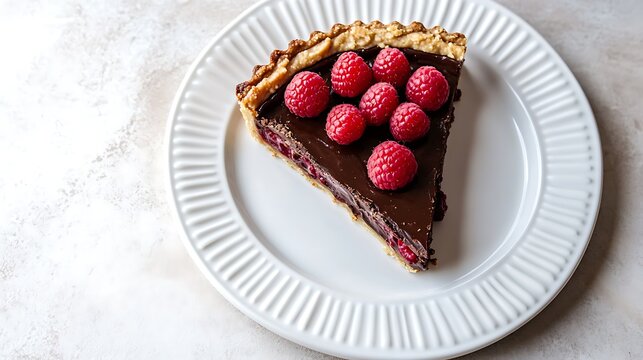 Slice of Chocolate Raspberry Tart on a White Plate