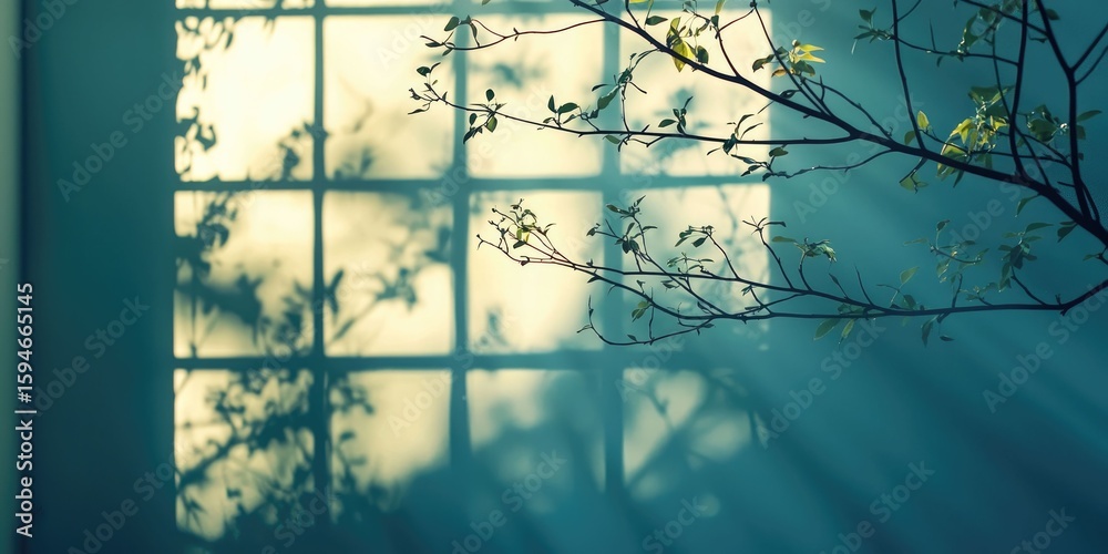 Wall mural light-filled shadow overlay with crisscrossed window lines and soft tree branches