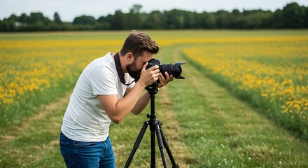Photographer Photographing Field of Yellow Flowers with Tripod