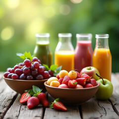 Two bowls of fruit and smoothie jars on a wooden patio