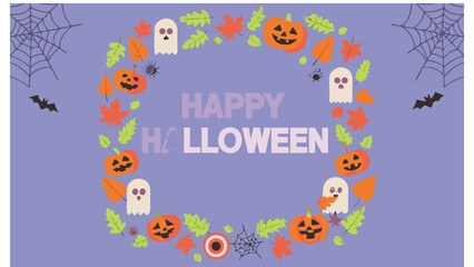 Naklejka premium Happy halloween wreath with pumpkins ghosts bats leaves and spiderwebs on a light purple background scene