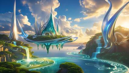Majestic Glowing Floating Island in Fantasy-Inspired Sky with Ethereal Light and Magical Landscape