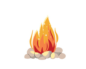 Fireplace, campfire. Burning fire travel and adventure symbol. Bonfire or woodfire in cartoon style. A tourist bonfire in the stone border. Flat vector illustration isolated on white background.