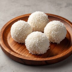 Four small, round, white coconut-covered sweets on a light brown wooden plate