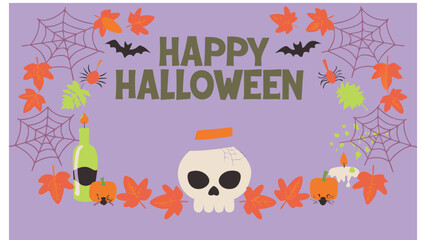 Happy halloween illustration with skull, bats, spiders, leaves and spiderwebs on a purple background
