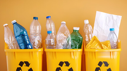 Yellow recycling bins filled with crushed plastic bottles and paper against an orange background, emphasizing waste sorting and environmental care.