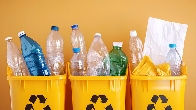 Yellow recycling bins filled with crushed plastic bottles and paper against an orange background, emphasizing waste sorting and environmental care.