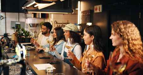 Friends, happy and people with wine tasting at pub for experience, social gathering or bonding....
