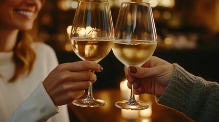 Celebrating friendship with a cheerful toast of crisp white wine intimate setting in warm bokeh