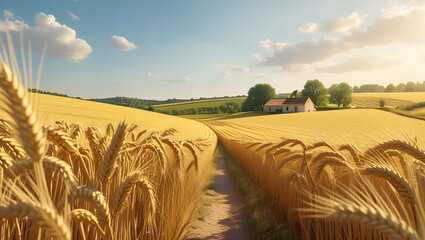 Golden Wheat Field Gently Swaying in the Breeze Under a Warm Sunset Glow – Peaceful Rural Landscape Symbolizing Harvest and Abundance