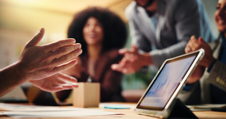 Business people, hands and night with tablet or applause for team performance or revenue in office. Group, employees or analyst clapping with technology, graph or screen for statistics or success