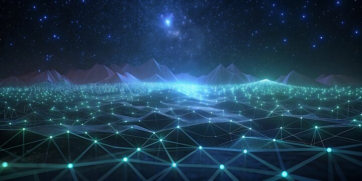 A vast, glowing digital landscape stretches towards a starry night sky with illuminated mountains.