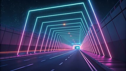 Naklejka premium Neon lights frame, tunnel corridor portal. The geometric contour of the glow forms laser luminous lines. Vector background of road illuminates glowing light line with neon lamp in futuristic style.