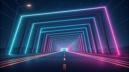 Neon lights frame, tunnel corridor portal. The geometric contour of the glow forms laser luminous lines. Vector background of road illuminates glowing light line with neon lamp in futuristic style.