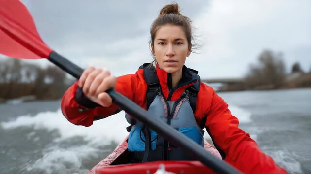 Determined woman kayaking through rough waters with intense focus and steady paddle strokes