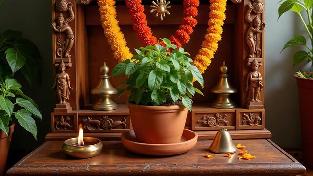 Witness the serene beauty of a Tulsi plant shrine adorned with brass puja items and a vibrant marigold garland bathed in gentle morning light.