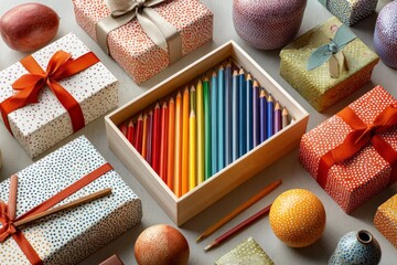 Color pencils in box surrounded by dotted gift boxes and fruits on gray table.