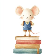 Cute Mouse Student on Stack of Books