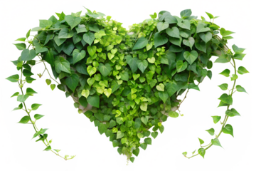 A heart shape formed by green leaves and vines is isolated on transparent background