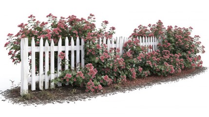 Pink flowers blooming beside a white wooden fence in a serene garden setting with vibrant greenery and natural beauty enhancement