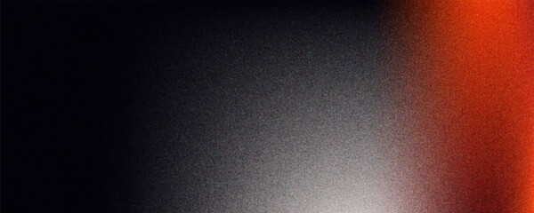 Red orange white illuminated spots on black, grainy color gradient background, noise texture effect, copy space