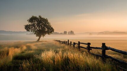 Idyllic countryside landscape sunrise fog rolling over grassy field rustic wooden fence lone tree silhouette golden ambient light pastoral rural atmosphere ideal sustainable living slow travel