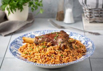 Local Turkish food; Lamb on barley noodle. Turkish name; Ankara Tava or sehriyeli pilav ustu kuzu incik