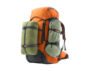 Orange hiking backpack with a sleeping bag isolated on a transparent background
