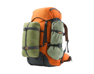 Orange hiking backpack with a sleeping bag isolated on a transparent background