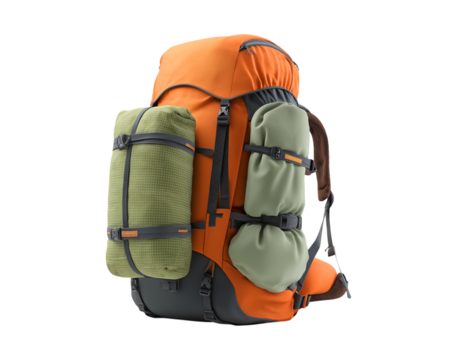 Orange hiking backpack with a sleeping bag isolated on a transparent background