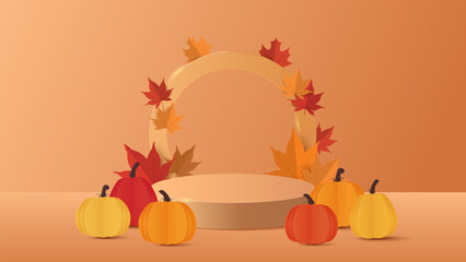 Autumn background. Autumn sale podium with red, yellow maple leaves. Stand product showcase for promotion, product sale. Vector illustration