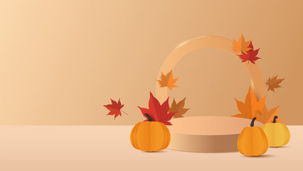 Autumn background. Autumn sale podium with red, yellow maple leaves. Stand product showcase for promotion, product sale. Vector illustration