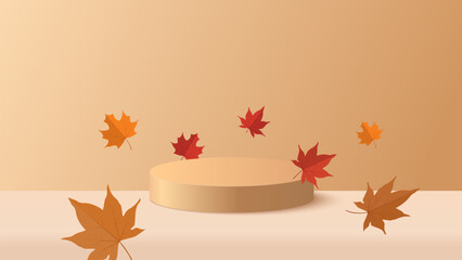 Autumn background. Autumn sale podium with red, yellow maple leaves. Stand product showcase for promotion, product sale. Vector illustration