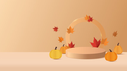 Autumn banner background. Autumn sale podium for product display presentation with red, yellow maple leaves and ornament on the stage. Stand product showcase for promotion, product sale