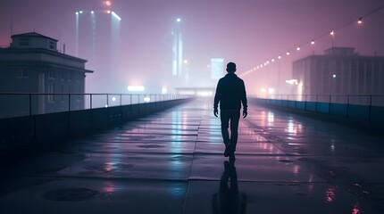 Man walking in city at night neon lights cityscape urban exploration solitude lonely scene