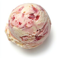 A creamy strawberry cheesecake ice cream scoop with soft pink base, rich cheesecake swirls, 
