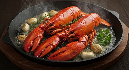 Steaming cooked lobsters with garlic herb butter present delicious seafood