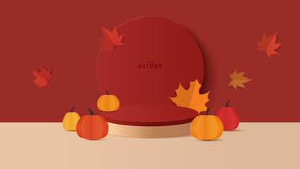 Autumn banner background. Autumn sale podium for product display presentation with red, yellow maple leaves and ornament on the stage. Stand product showcase for promotion, product sale