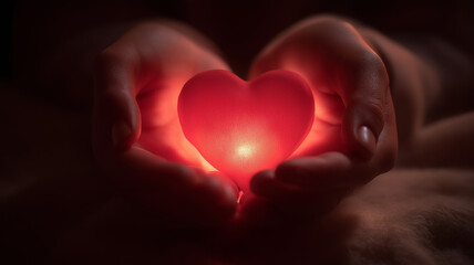 Fototapeta premium Tender Red Heart Hovering Between Outstretched Hands in Warm Candlelight, intimate emotional connection captured, soft glow ambiance, sharp 4k love-themed image