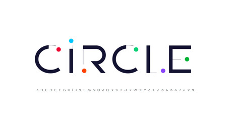 Font alphabet, letters from A to Z and numbers from 0 to 9, made line and circle colored dot vector illustration 10EPS.