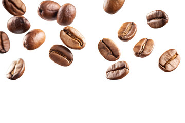 A scattering of roasted coffee beans isolated on transparent background, showcasing their rich aroma and texture