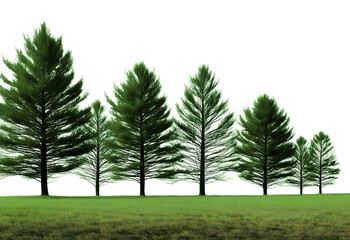 Watercolor painting row of pine trees on a grassy field isolated on a transparent background