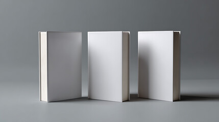 Three Blank White Book Covers on Grey Background