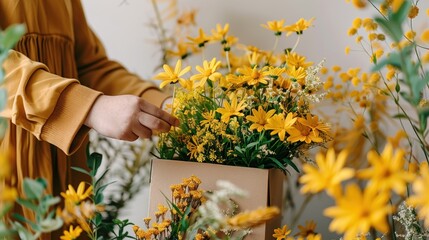 Yellow Flowers in a Brown Paper Bag with a Hand Plucking Blossoms Among Blooming Floral Arrangement for Nature Enthusiasts