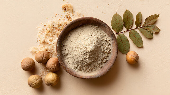 Organic haritaki powder in clay bowl with nuts and leaves