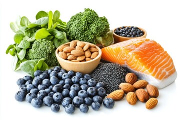 Fresh berries, nuts, and herbs on white background. AI generative