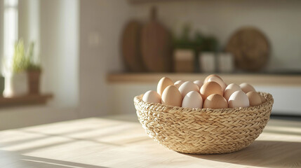 Woven basket filled with white and brown eggs on bright kitchen table in soft morning light, minimalist natural interior, concept of organic food, slow living, and farmhouse breakfast aesthetics