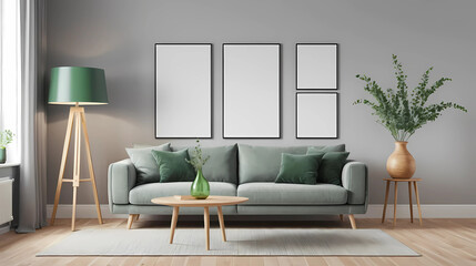 Home Interior Mock-Up with Gray Sofa, Wooden Floor Lamp, and Green Vase – Minimalist Bright Living Room Design, 3D Render.