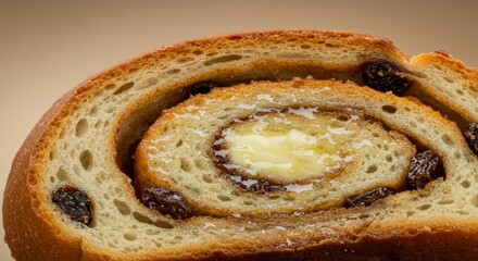 Fototapeta premium Close-up of sliced cinnamon raisin bread with melted butter, on soft warm beige-to-cream gradient background