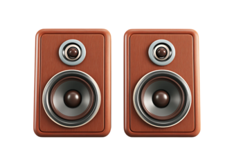 A pair of bookshelf speakers in a brown wood color isolated on a transparent background